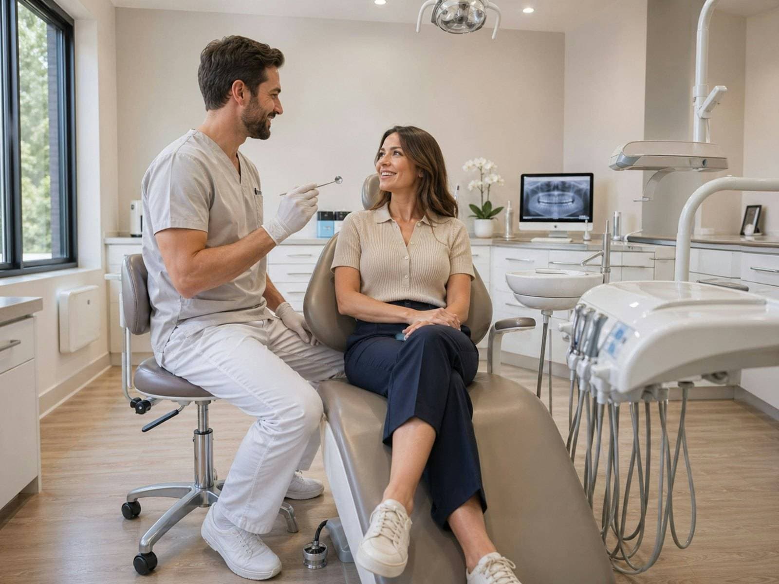 Dentist chatting with a smiling patient