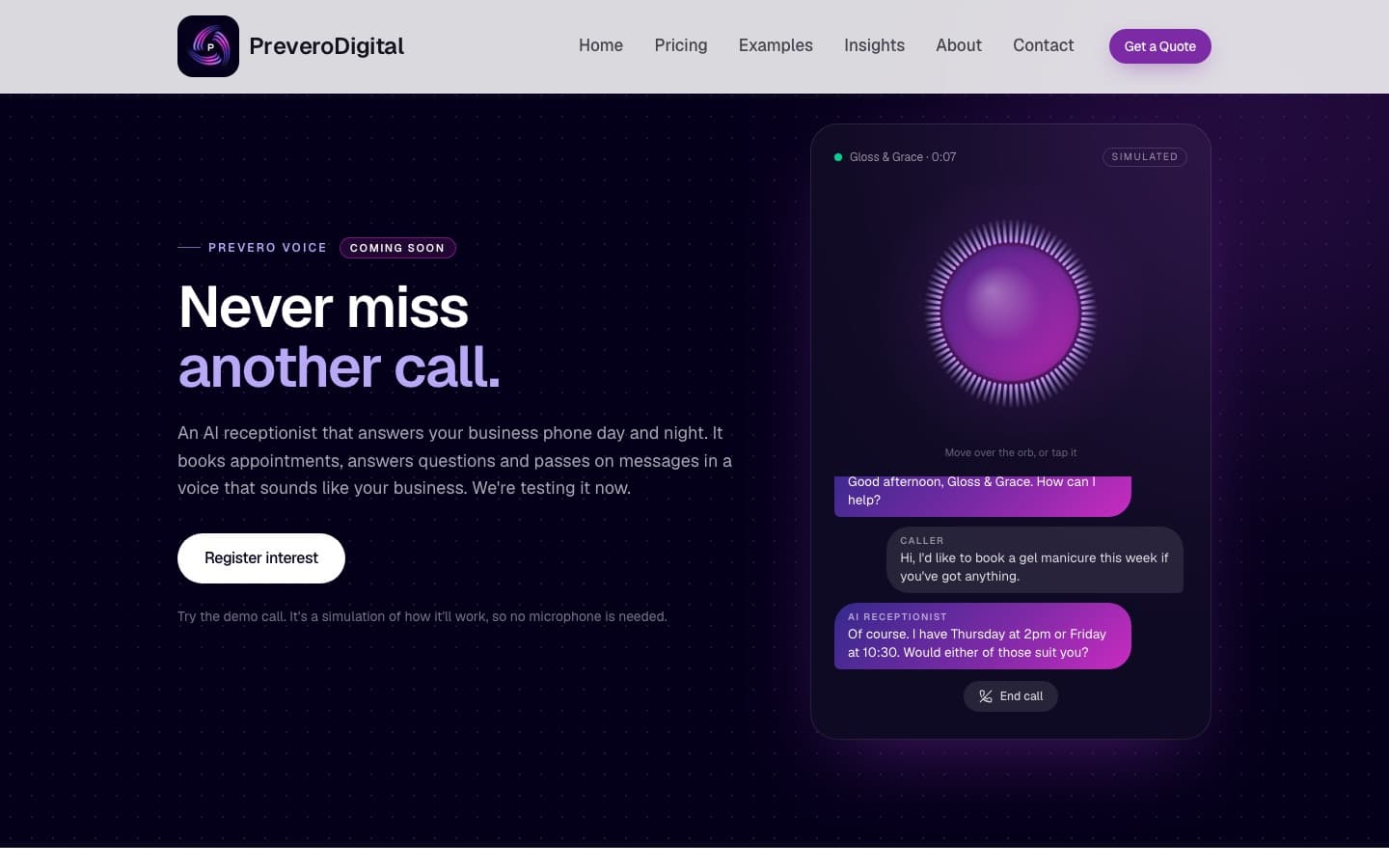 Prevero Voice — the interactive demo call